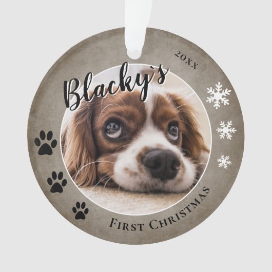 Eerste puppy Kerstmis Rustic Dog Name Foto Ornament (voorkant)