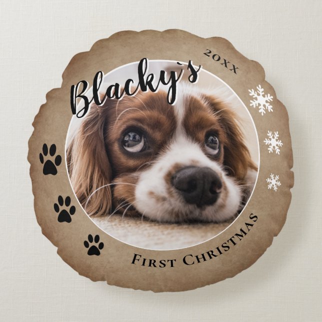 Eerste puppy Kerstmis Rustic Dog Name Foto Rond Kussen (Voorkant)