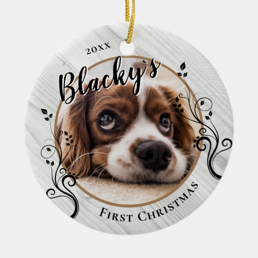 Eerste puppy kerstwood Foliage Dog Naam Foto Keramisch Ornament (Voorkant)