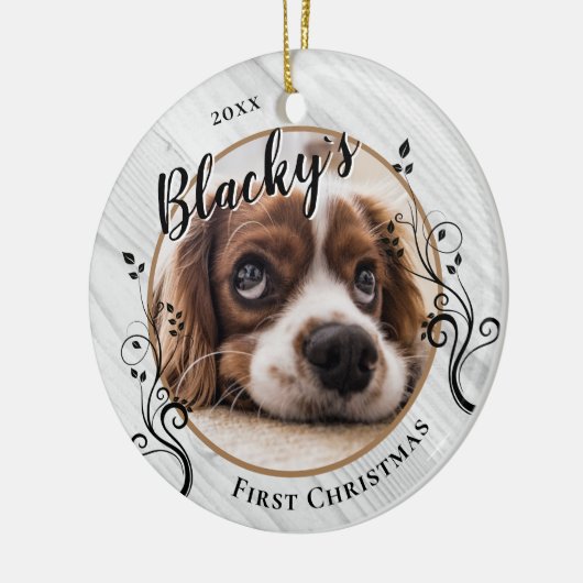 Eerste puppy kerstwood Foliage Dog Naam Foto Keramisch Ornament (Links)