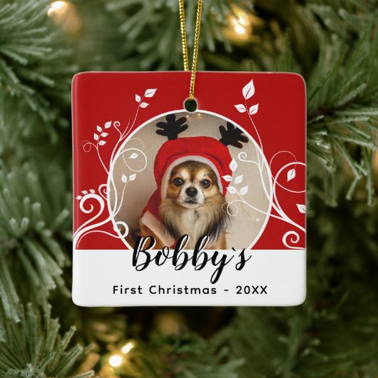 Eerste puppy met kerstfeestdag Naam foto Rood Keramisch Ornament (Boom)