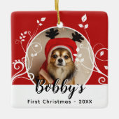 Eerste puppy met kerstfeestdag Naam foto Rood Keramisch Ornament (Voorkant)