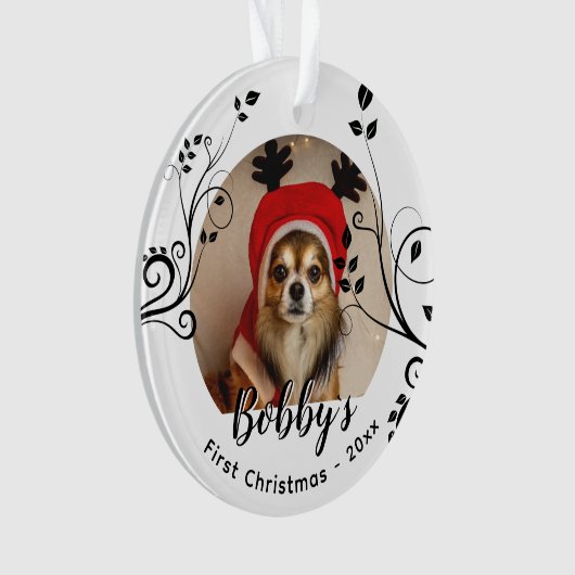 Eerste puppy met kerstmis Black Foliage Dog Name F Ornament (voorkant)