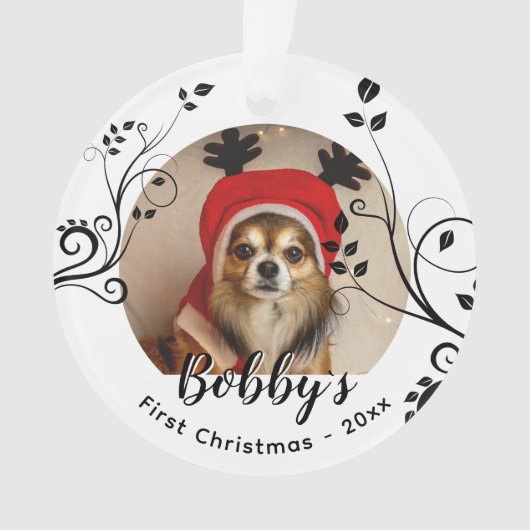 Eerste puppy met kerstmis Black Foliage Dog Name F Ornament (voorkant)