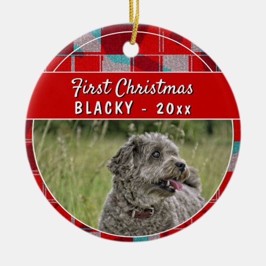 Eerste puppy met kerstmis Red Pset Dog Foto Keramisch Ornament (Voorkant)