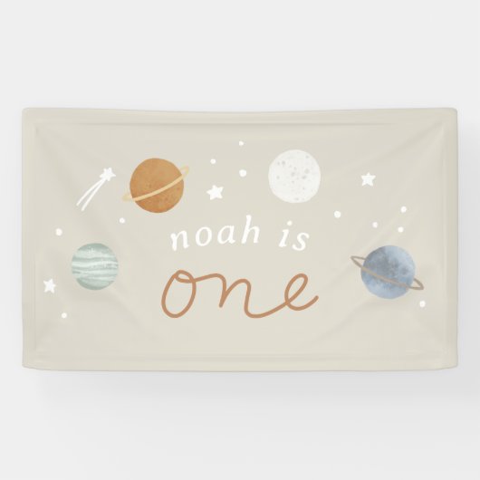 ‘Eerste reis’ Beige Space Theme 1e verjaardag Spandoek (Horizontaal)