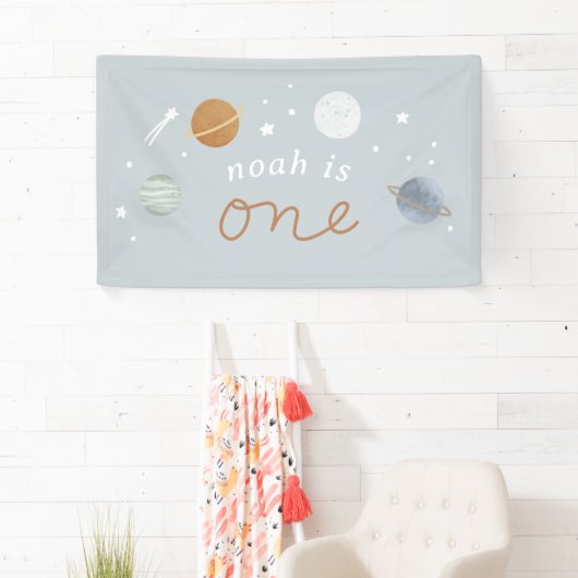 ‘Eerste reis’ Blue Space Theme 1e verjaardag Spandoek (Insitu)