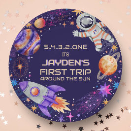 Eerste reis rond de Sun Rocket Astronaut Space Papieren Bordje