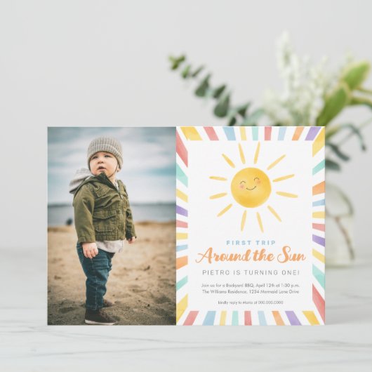 Eerste reis rond de zon 1e foto verjaardag kaart (Staand voorkant)