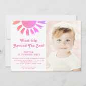 Eerste reis rond de zon 1e verjaardag foto roze kaart (Voorkant)