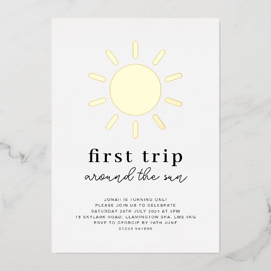 Eerste reis rond de zon 1e verjaardag goud folie uitnodiging (Voorkant)