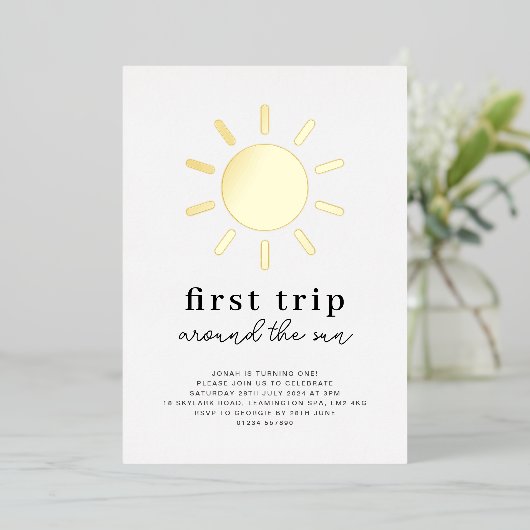Eerste reis rond de zon 1e verjaardag goud folie uitnodiging (Staand Voorkant)