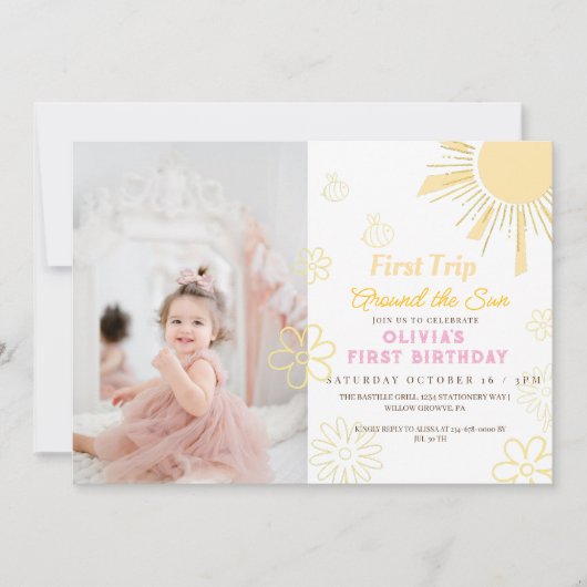 Eerste reis rond de zon 1e verjaardag meisje kaart (Voorkant)