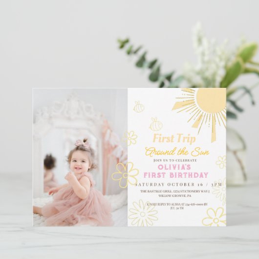 Eerste reis rond de zon 1e verjaardag meisje kaart (Staand voorkant)