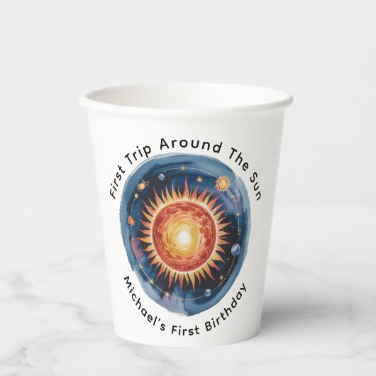 Eerste reis rond de Zon 1e verjaardag Papieren Bekers (Voorkant)