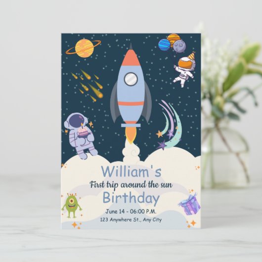 Eerste reis rond de zon 1e verjaardag uitnodiginge kaart (Staand voorkant)