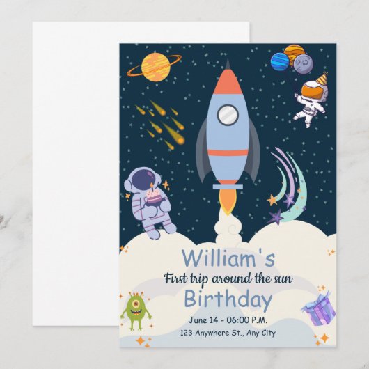 Eerste reis rond de zon 1e verjaardag uitnodiginge kaart (Voorkant / Achterkant)