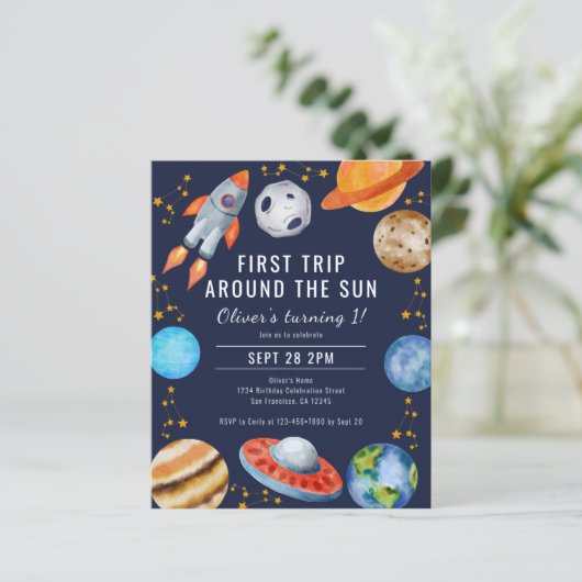 Eerste reis rond de zon 1e verjaardagsuitnodiging (Staand voorkant)