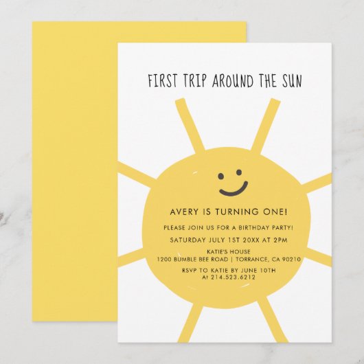 Eerste reis rond de Zon 1st Birthday Partij Uitnod Kaart (Voorkant / Achterkant)