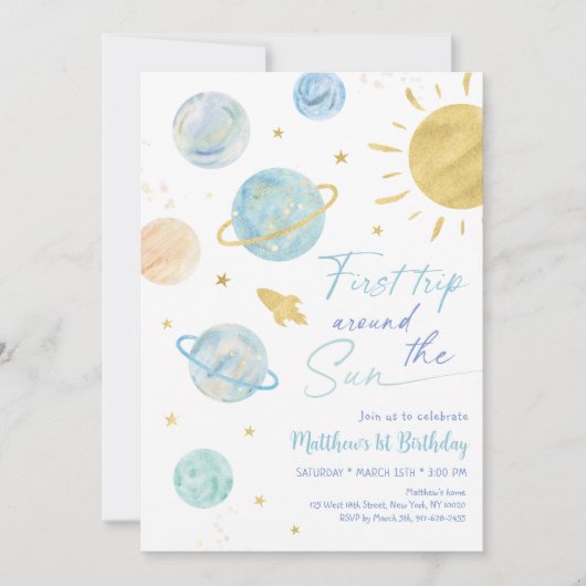 Eerste reis rond de zon blauwe ruimte verjaardag kaart (Voorkant)