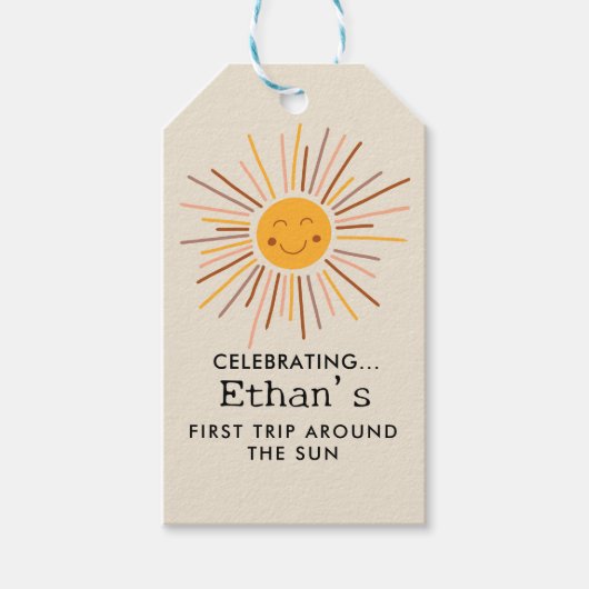 Eerste reis rond de zon Custom 1e verjaardag Boho Cadeaulabel (Voorkant)