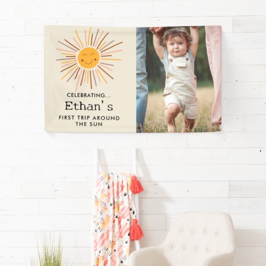 Eerste reis rond de zon Custom 1e verjaardag Boho Spandoek (Insitu)