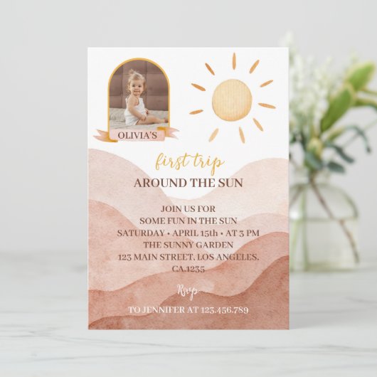 Eerste reis rond de zon Foto 1e verjaardag Uitnodi Kaart (Staand voorkant)