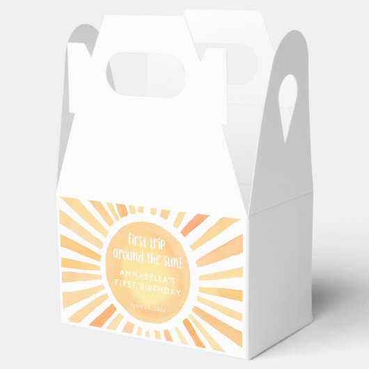Eerste reis rond de zon geslacht neutraal geel bedankdoosjes (Geopend)