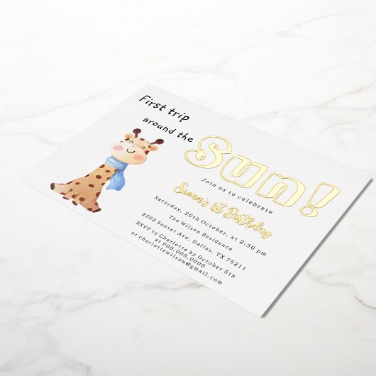Eerste reis rond de zon Giraffe 1e verjaardag Folie Uitnodiging (Gedraaid)