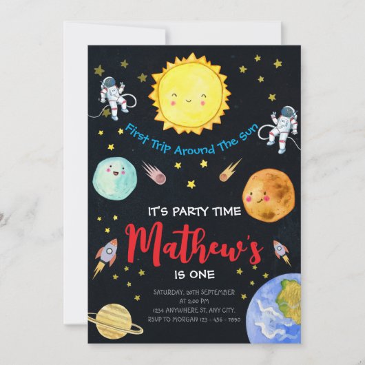 Eerste reis rond de zon in de ruimte 1e verjaardag kaart (Voorkant)