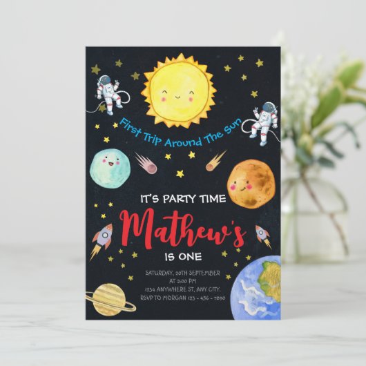 Eerste reis rond de zon in de ruimte 1e verjaardag kaart (Staand voorkant)