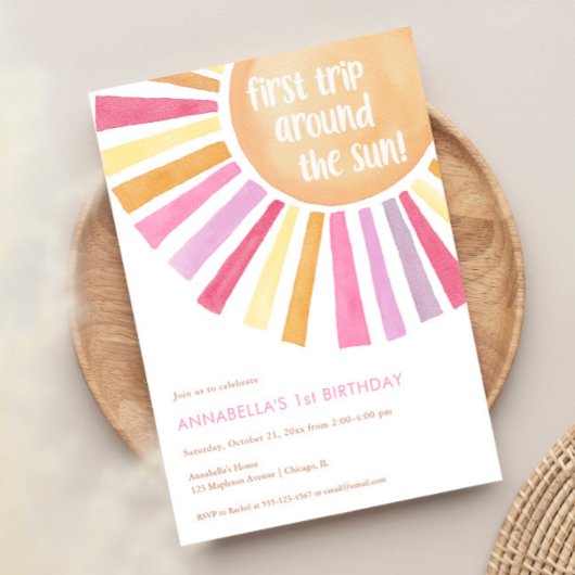 Eerste reis rond de zon meisje 1e verjaardagsfeest kaart