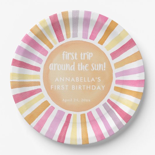 Eerste reis rond de zon meisje eerste verjaardag papieren bordje (Voorkant)