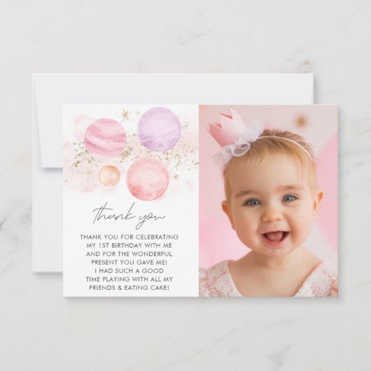 Eerste reis rond de zon meisjes 1e verjaardag foto bedankkaart (Voorkant)