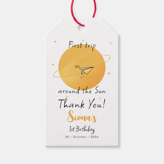 Eerste reis rond de zon papieren vliegtuig verjaar cadeaulabel (Voorkant)