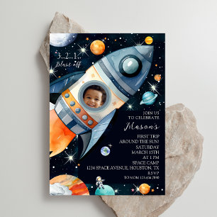 Eerste reis rond de zon Photo Rocket Verjaardag Kaart