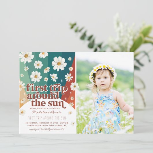 Eerste reis rond de zon | Retro Daisy Rainbow Kaart (Staand voorkant)