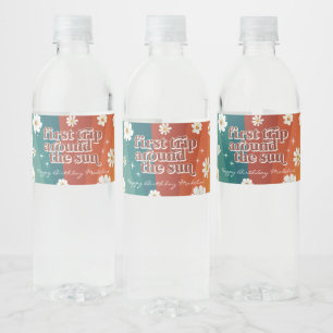 Eerste reis rond de zon Retro madeliefje regenbo Waterfles Etiket