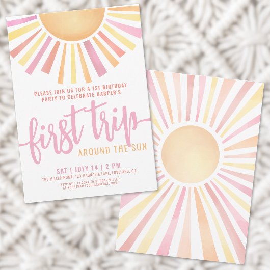 Eerste reis rond de zon roze 1e verjaardag kaart