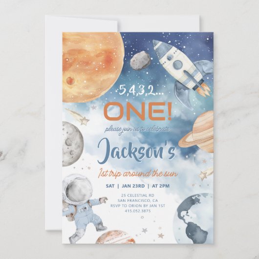 Eerste reis rond de zon, ruimte 1e verjaardag kaart (Voorkant)