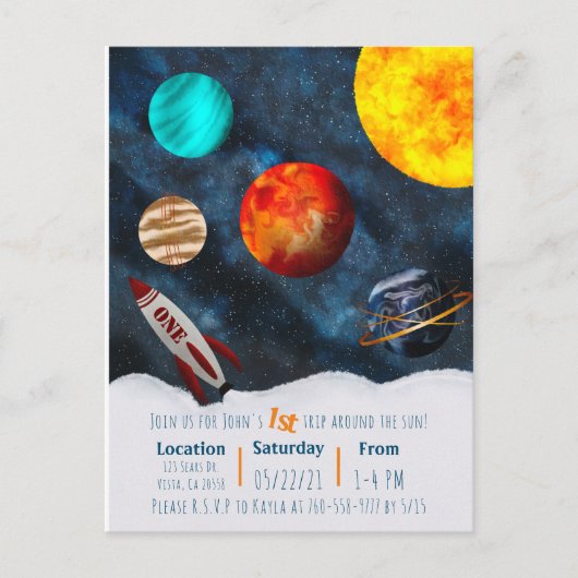 Eerste reis rond de zon Space Theme Boy Planets Briefkaart (Voorkant)