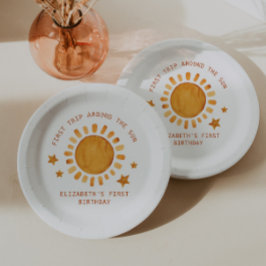 Eerste reis rond de zon - zonneschijn 1e verjaarda papieren bordje