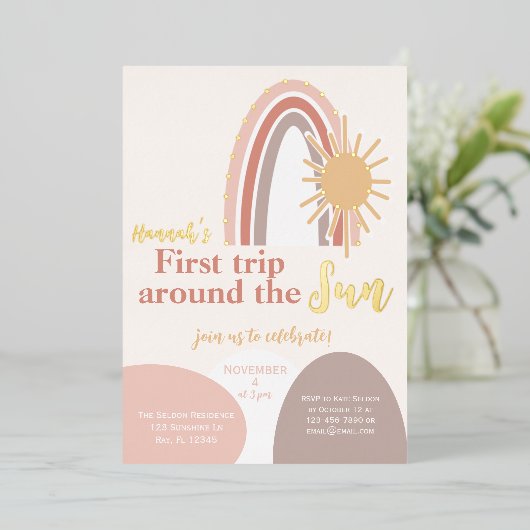 Eerste reis rond de zondag van Boho Folie Uitnodiging (Staand Voorkant)