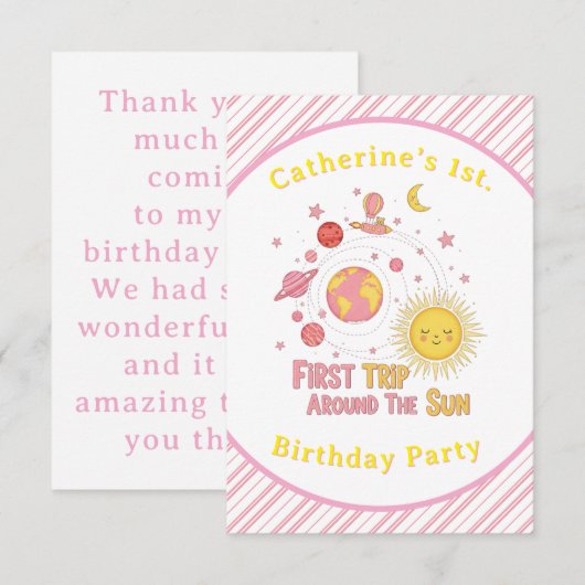 Eerste reis rond het Zonnemeisje 1e. verjaardagsfe Bedankkaart (Voorkant / Achterkant)