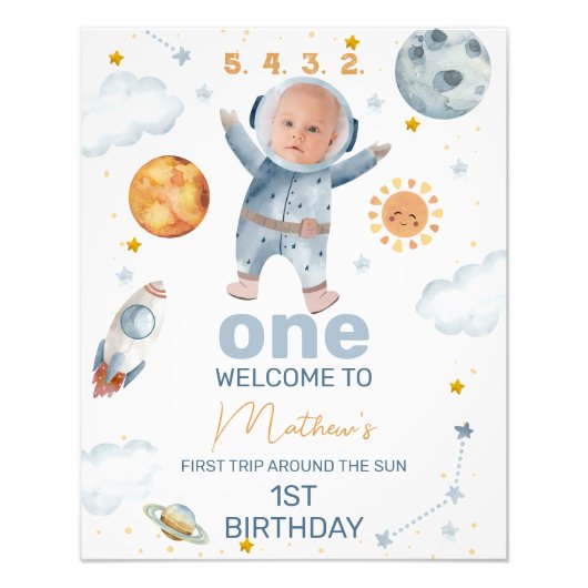 Eerste reis rond zon 1e verjaardag welkomstbord foto afdruk (Voorkant)