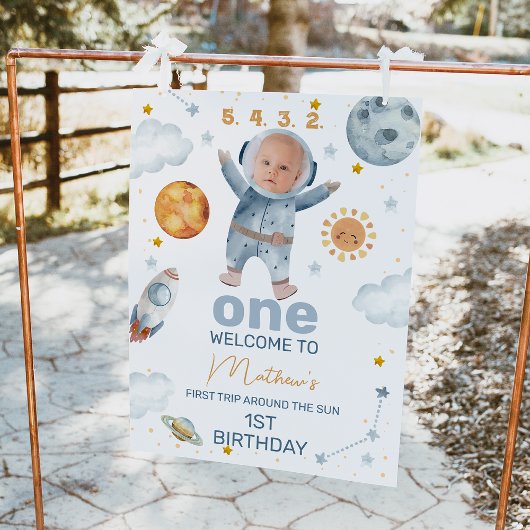 Eerste reis rond zon 1e verjaardag welkomstbord foto afdruk
