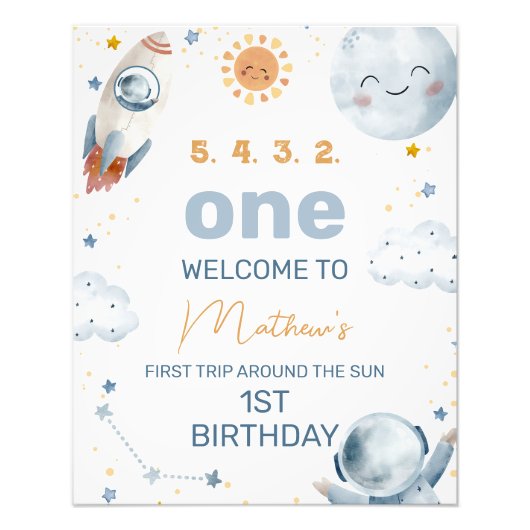 Eerste reis rond zon 1e verjaardag welkomstbord foto afdruk (Voorkant)