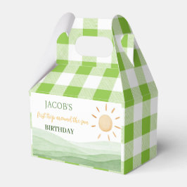 Eerste reis rond zon gunstbox verjaardagsfeestje bedankdoosjes