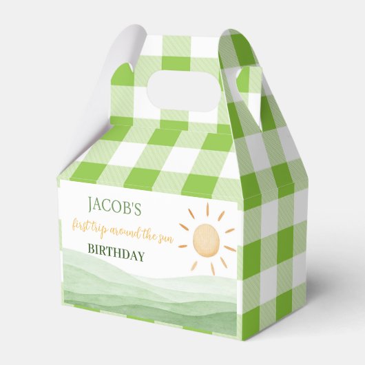 Eerste reis rond zon gunstbox verjaardagsfeestje bedankdoosjes (Voorkant Zijde)