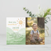Eerste reis rond zon Verjaardag Foto uitnodiging (Staand voorkant)
